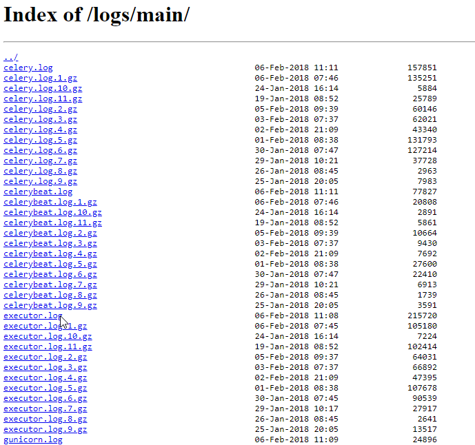 Index of /logs/main/ directory listing showing executor.log and other log files Index of /logs/main/ directory listing showing executor.log and other log files
