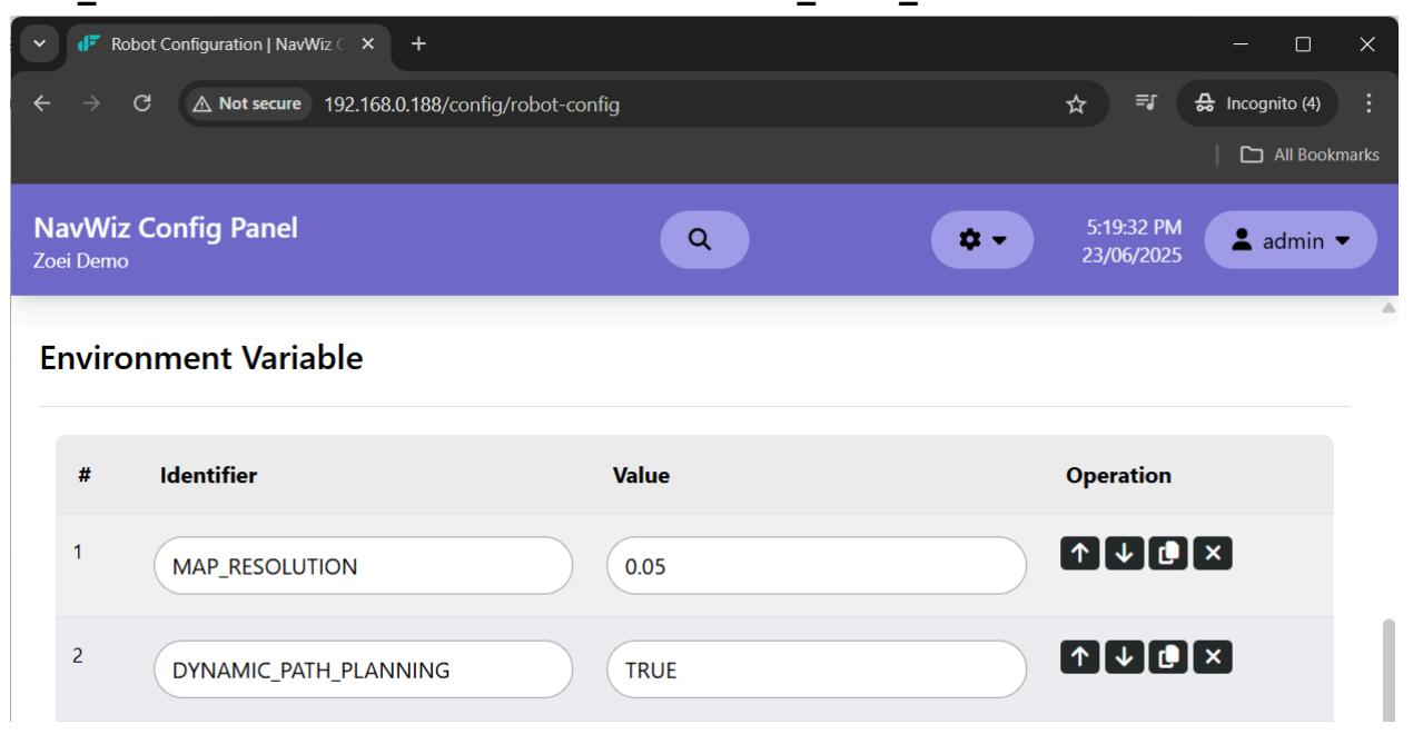 NavWiz Config Panel showing environment variables for robot configuration — This image displays the environment variable settings for a robot, including map resolution and dynamic path planning.