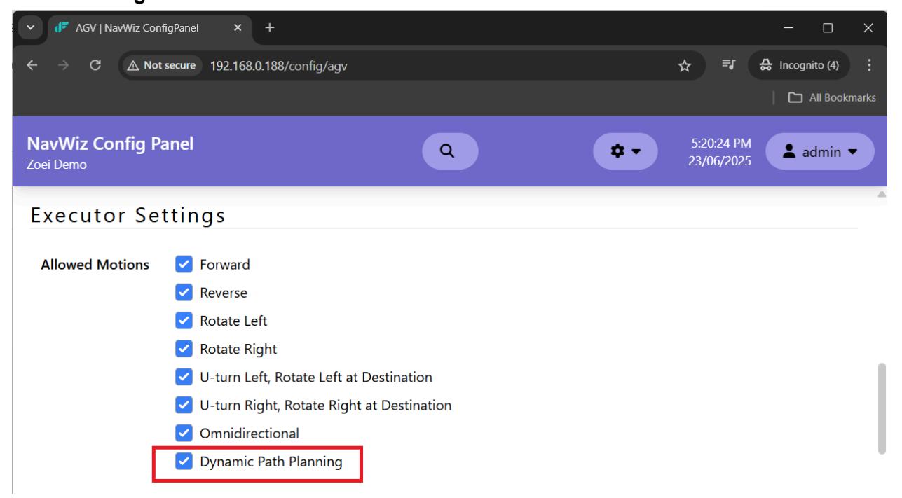 NavWiz Config Panel showing executor settings with dynamic path planning enabled — The executor settings page confirms that dynamic path planning is enabled for the AGV, allowing adaptive navigation.