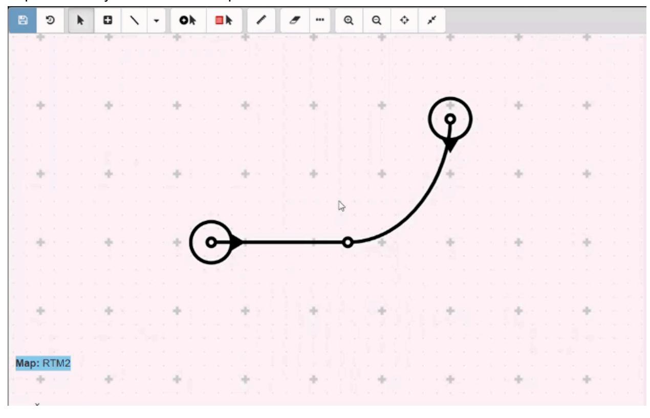 A simple path drawn on a grid map with two circular nodes connected by a curved line — This image shows a basic path planning example on a grid map, illustrating a route between two points.