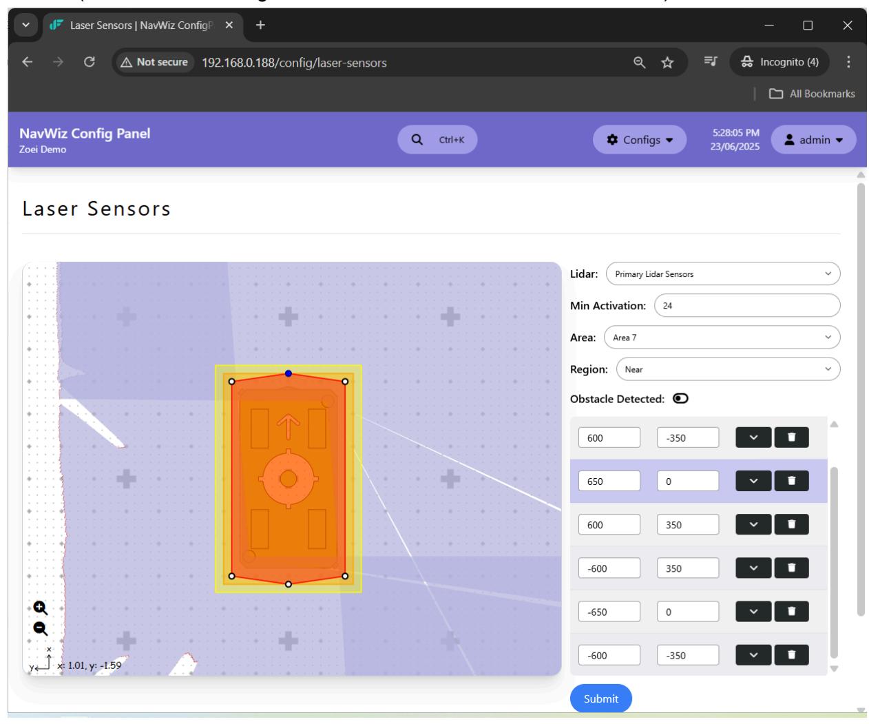 Laser sensor configuration interface with sensor area and obstacle detection settings — This image shows the laser sensor configuration page, allowing users to define sensor areas and activation parameters.