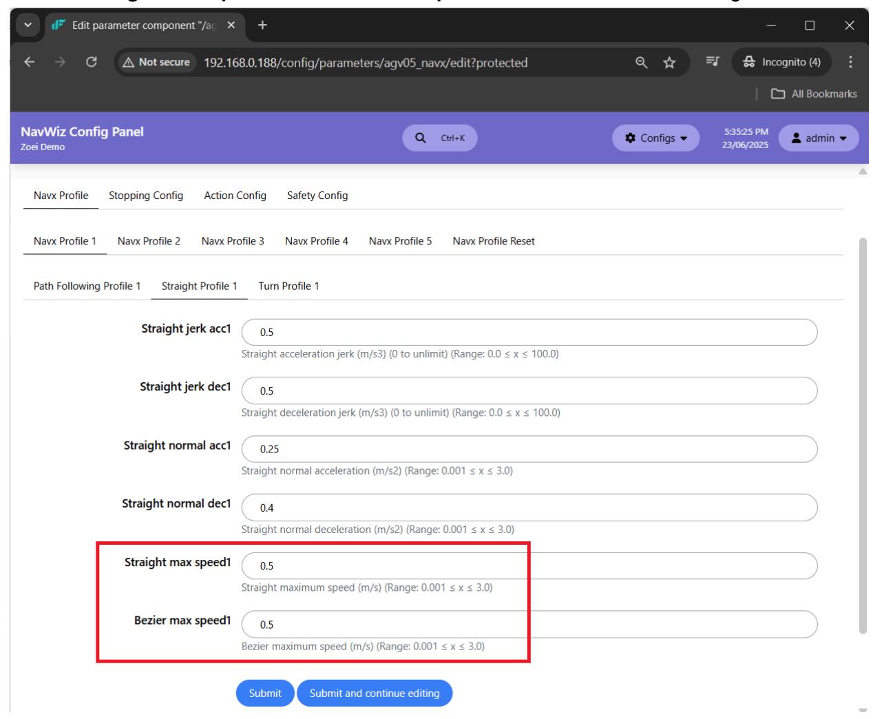 Navigation profile settings for straight and bezier path speeds — This image shows navigation profile settings for straight and Bezier path maximum speeds, crucial for motion planning.