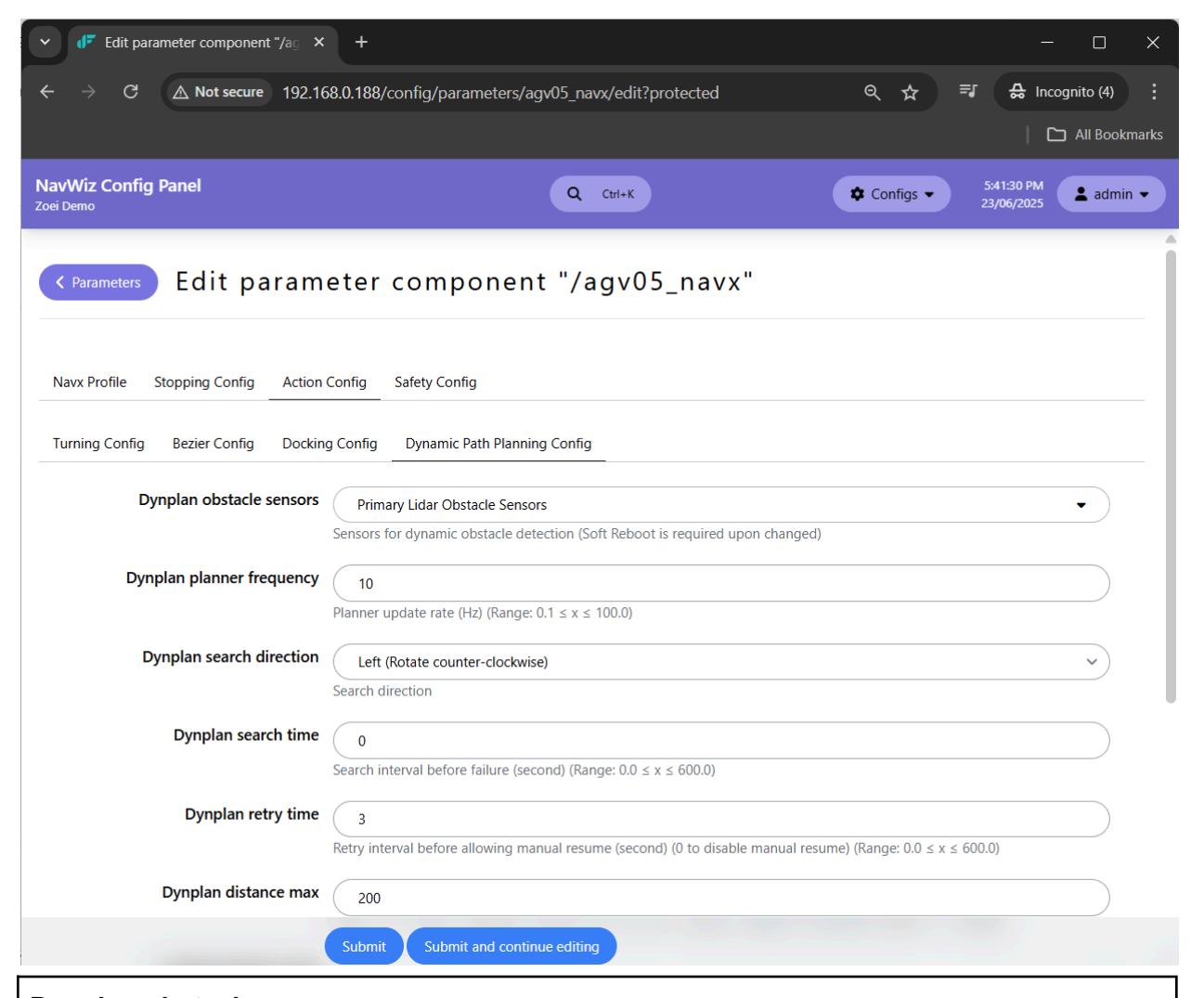 NavWiz Config Panel showing dynamic path planning parameters for AGV navigation — This image displays the dynamic path planning configuration settings for an AGV, allowing users to adjust obstacle detection and planner frequency.