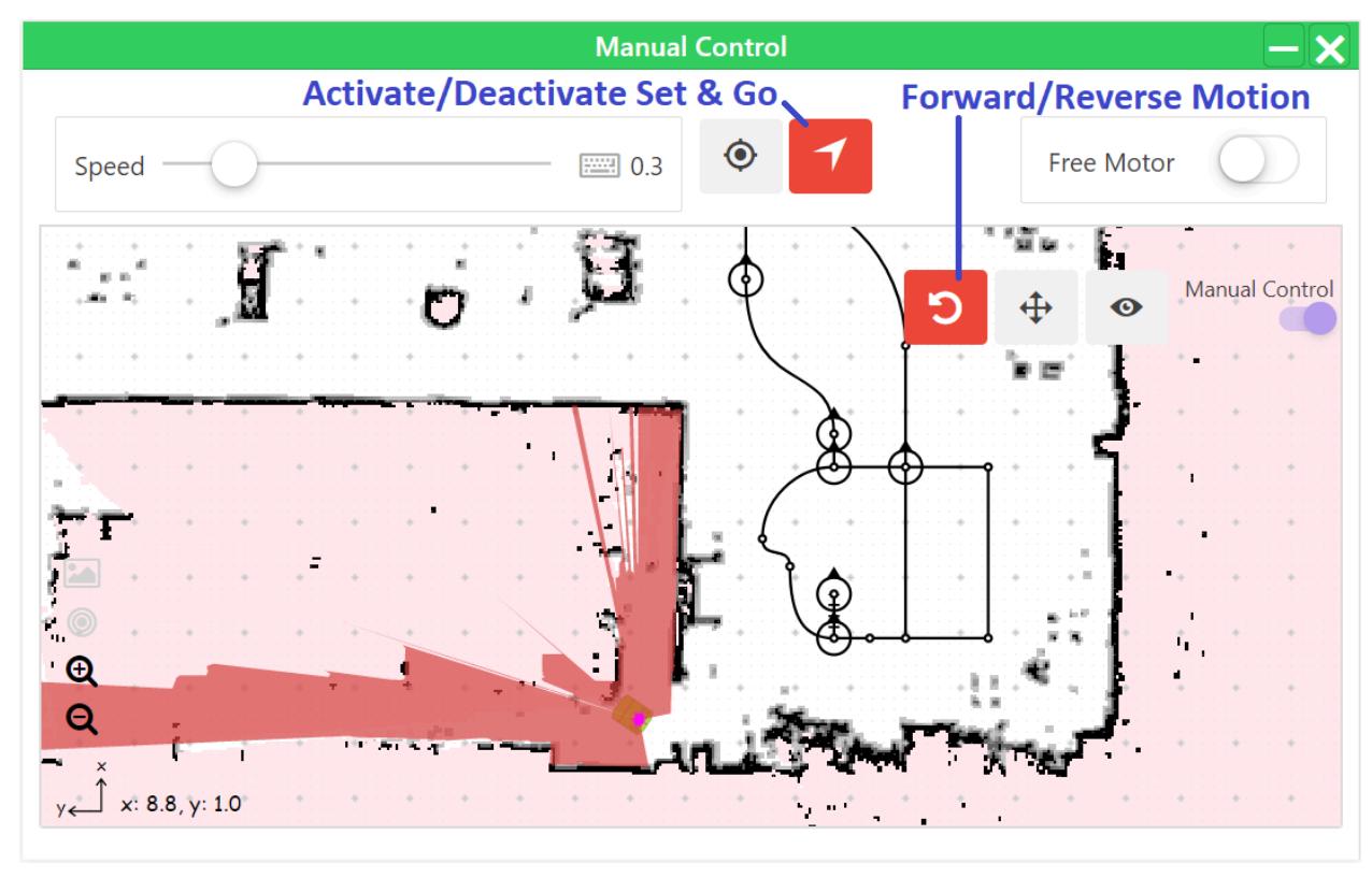 Manual Control interface showing map with robot position and control buttons — This image shows the manual control interface with a map view, speed slider, and forward/reverse motion controls.