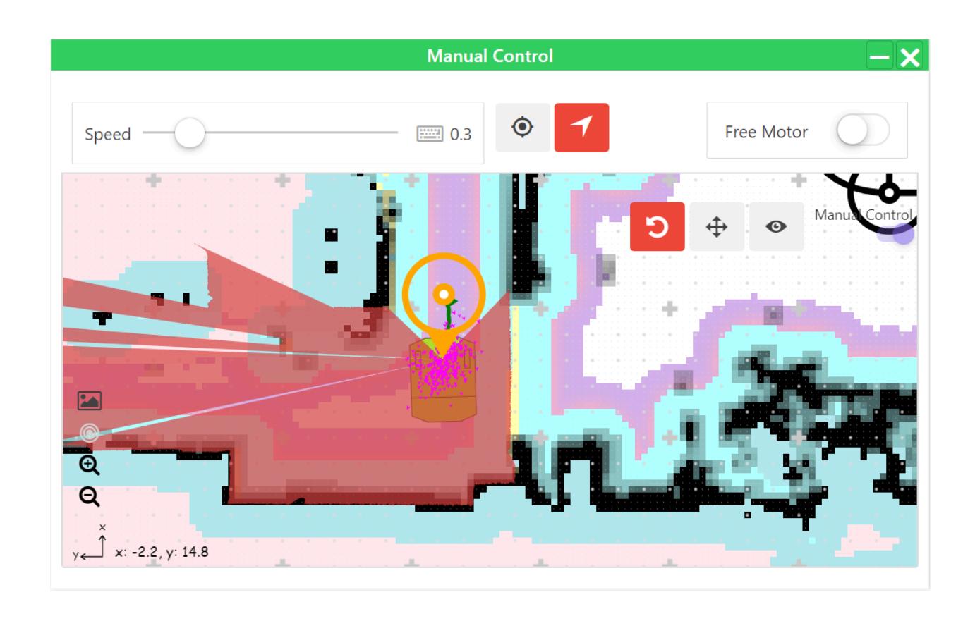 Manual Control interface showing robot navigating around obstacles on map — This image displays the robot navigating around obstacles in the manual control interface, with a highlighted position on the map.