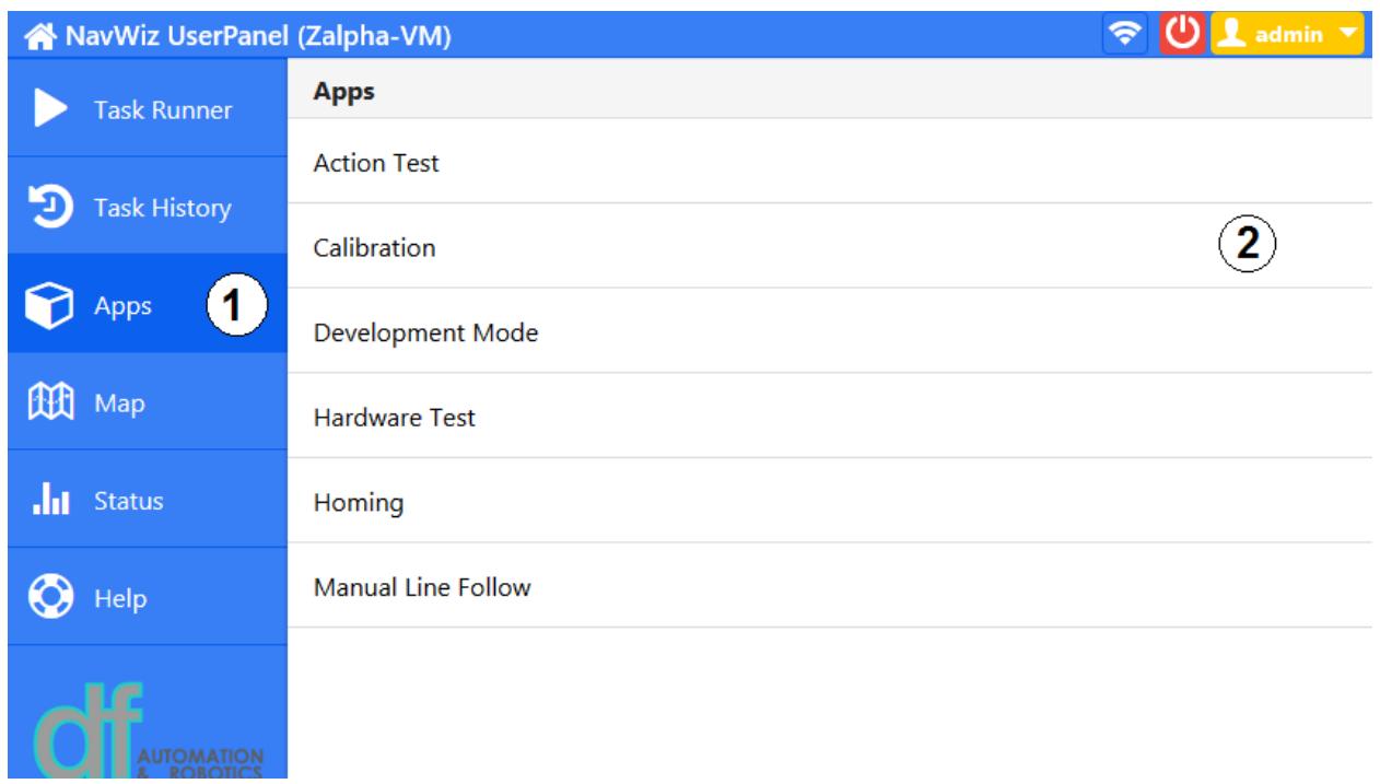 User interface showing 'Apps' menu with Calibration option highlighted. — Displays the main navigation panel where users can access calibration and diagnostic tools.