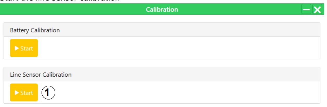 Calibration screen with options to start battery and line sensor calibration. — Provides access to initiate battery and line sensor calibration procedures for the robot.