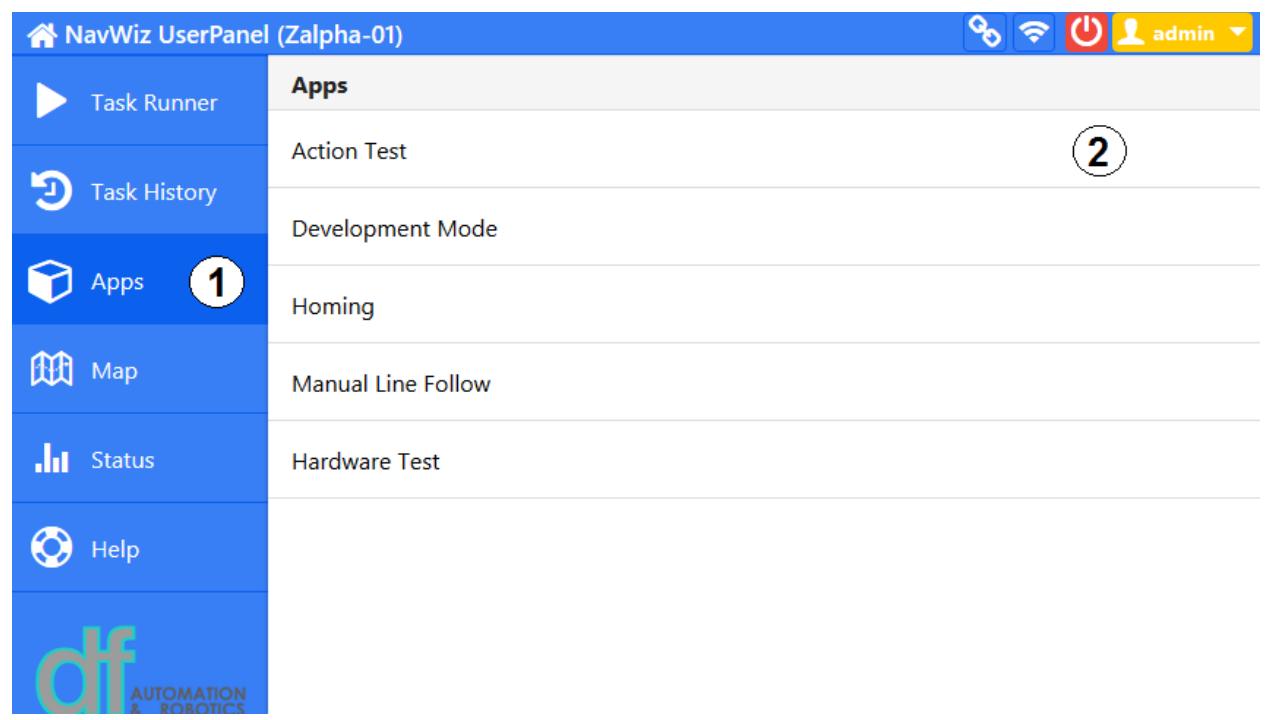 User interface showing 'Apps' menu with 'Homing' and 'Manual Line Follow' options. — Shows available applications for robot diagnostics and manual control after calibration.