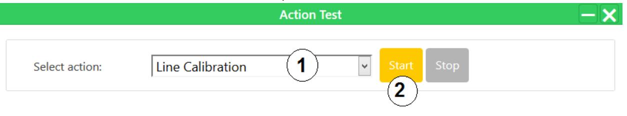 Action Test screen with dropdown to select 'Line Calibration' and Start button. — Allows users to initiate line calibration tests to verify robot navigation accuracy.