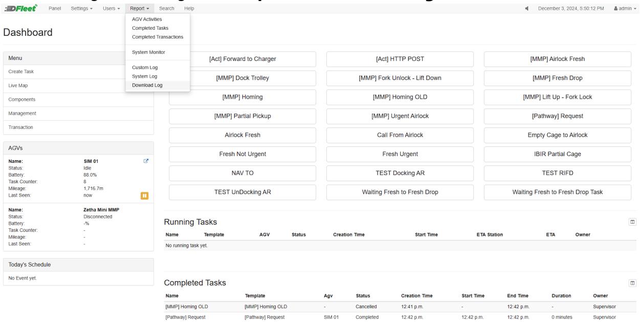 Dashboard showing AGV status, tasks, and report menu with dropdown options — This dashboard displays real-time AGV status, running tasks, and provides access to system logs and reports for operational oversight.