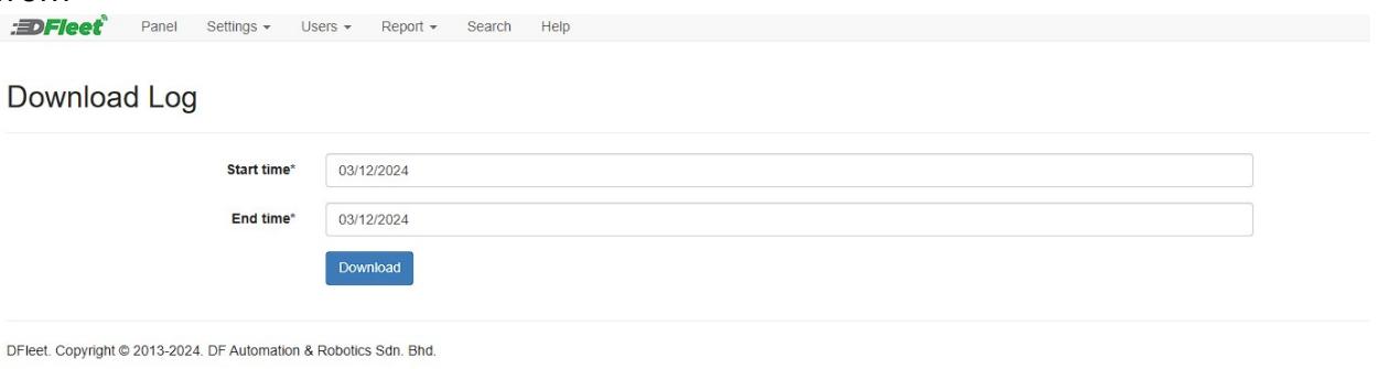 Download Log page with date range fields and a download button — Users can specify a date range to download system logs for analysis and troubleshooting.