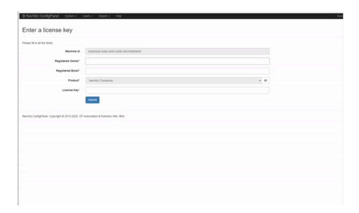 License key entry form for NavWiz software requiring machine ID, owner, email, product, and license key. — This form is used to activate or renew software licensing for the NavWiz system on an AGV.
