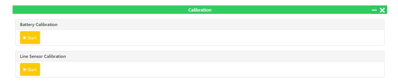Calibration screen with Battery and Line Sensor Calibration options. — This image shows the calibration interface for an autonomous robot, allowing users to start battery and line sensor calibration.
