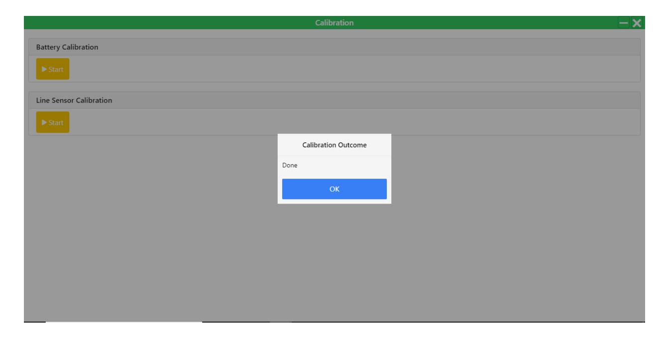 Calibration Outcome dialog box showing 'Done' with an OK button. — This image displays a confirmation dialog indicating that calibration procedures have been successfully completed.