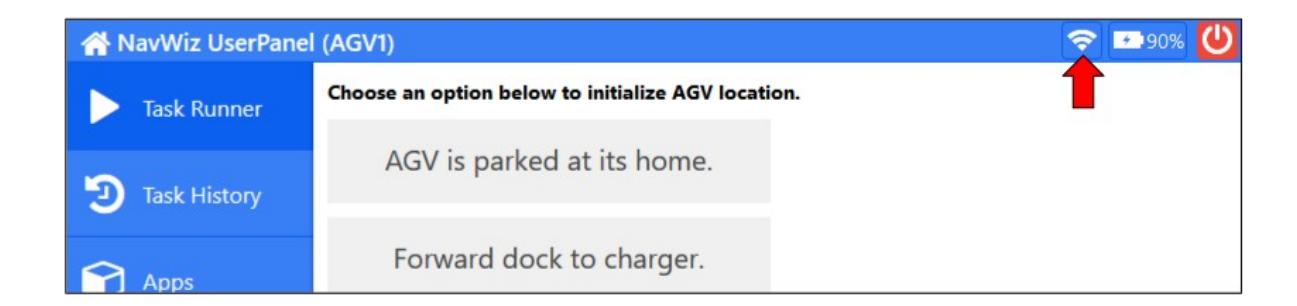 NavWiz UserPanel interface for AGV1 showing location initialization options and status indicators. — This image displays the initial setup screen for an AGV, guiding users to choose its starting location.