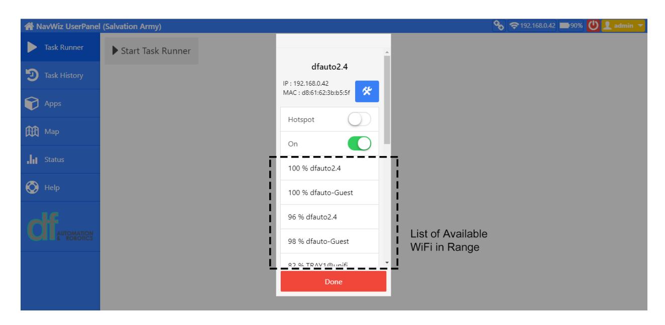 WiFi settings window showing available networks and device details for dfauto2.4. — This image shows the WiFi settings where the user can view available networks and device information.