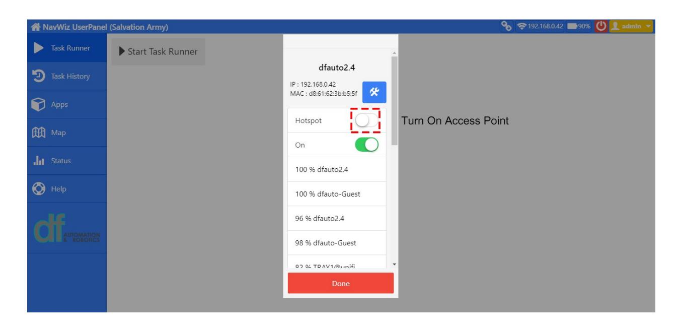 WiFi settings window highlighting the Hotspot toggle to enable access point functionality. — This image demonstrates enabling the hotspot feature to allow the AGV to act as a wireless access point.
