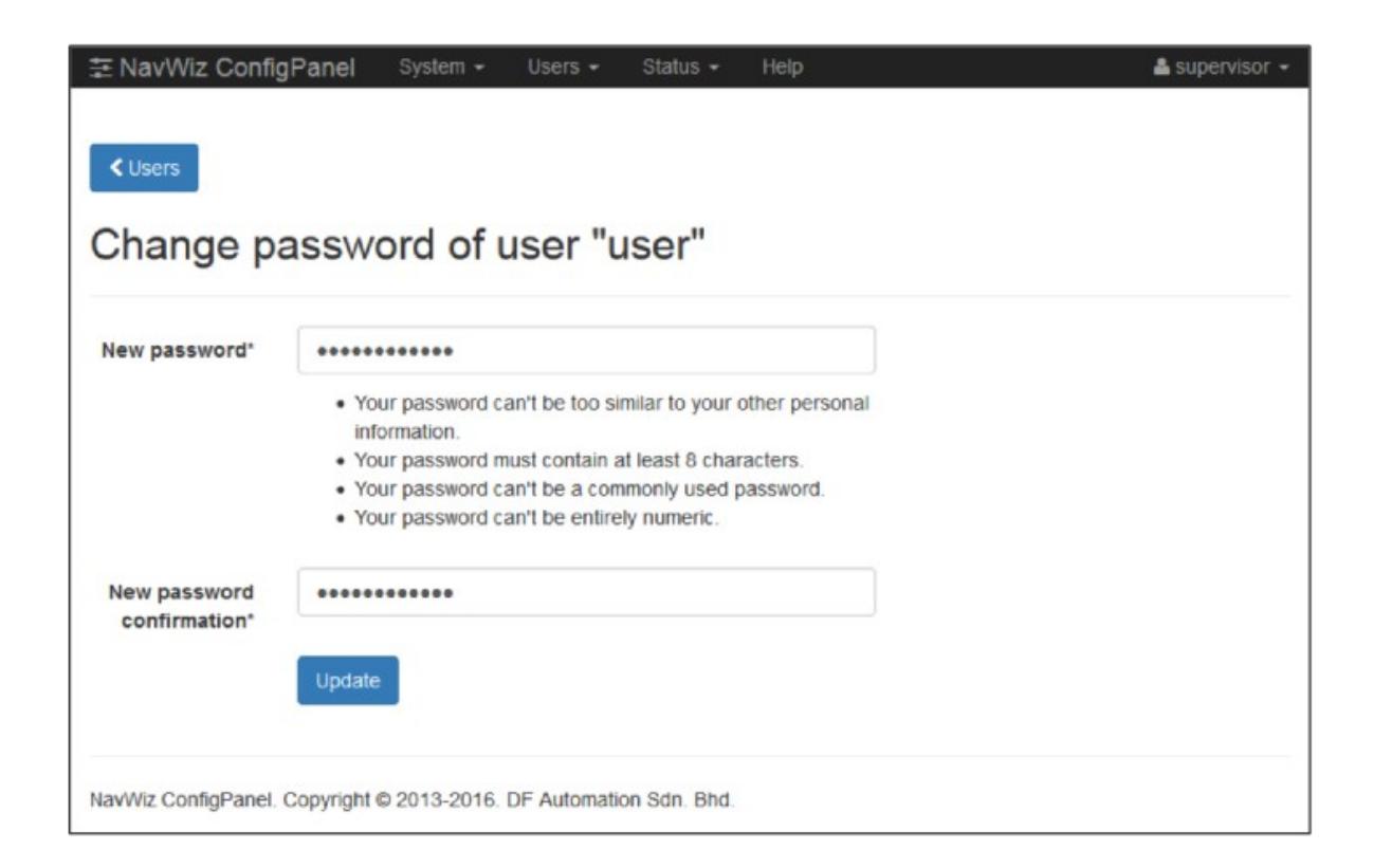 Password change form for user "user" with validation rules — This image shows the interface for changing a user's password, including validation rules for security.