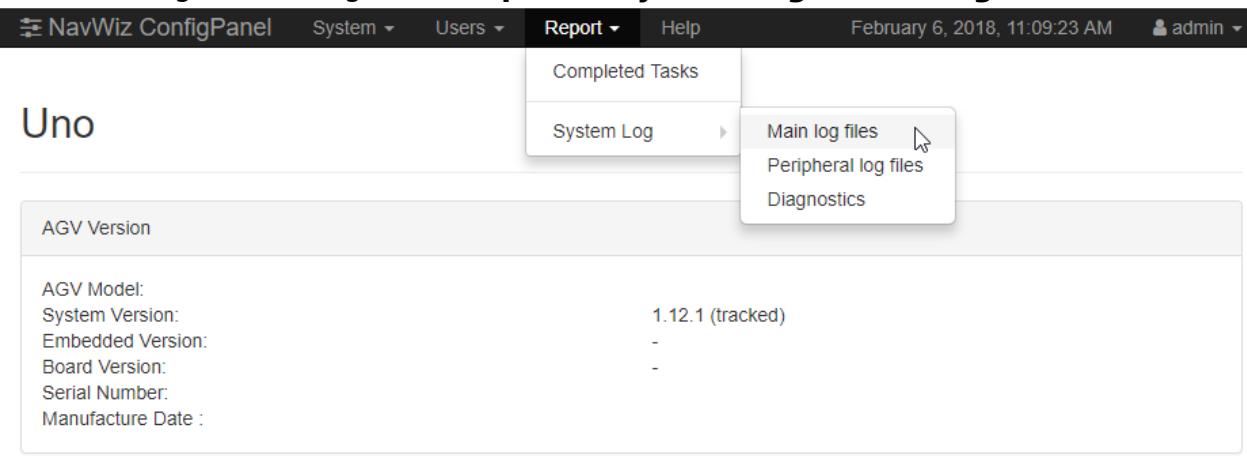 NavWiz ConfigPanel interface showing system log options for an AGV — This screenshot displays the system log menu for an AGV, allowing access to diagnostic and log files for troubleshooting. NavWiz ConfigPanel interface showing system log options for an AGV — This screenshot displays the system log menu for an AGV, allowing access to diagnostic and log files for troubleshooting.