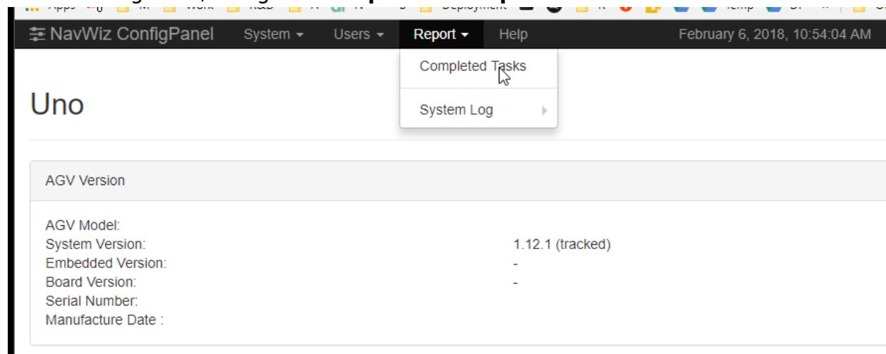 NavWiz ConfigPanel showing AGV system info and Report menu with Completed Tasks option — This screenshot shows the AGV configuration panel with system details and report options for task tracking.