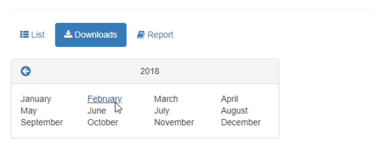 Report interface showing monthly navigation with February 2018 selected — The interface allows users to select a month for viewing or downloading reports, with February 2018 highlighted.