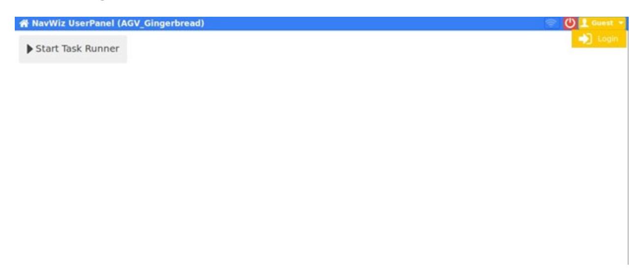 NavWiz UserPanel interface with Start Task Runner button — Main user interface for controlling an AGV, showing task initiation options.