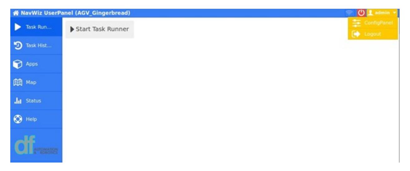 NavWiz UserPanel with sidebar menu including Task Run, Task Hist, Apps, Map, Status, and Help — Navigation menu for user operations including task management, mapping, and system status.