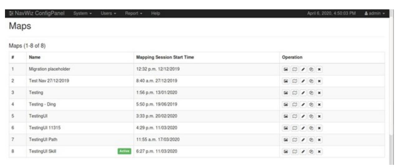 NavWiz ConfigPanel displaying a list of maps with names, mapping times, and operation icons — List of available maps for an AGV, showing mapping session details and management options.