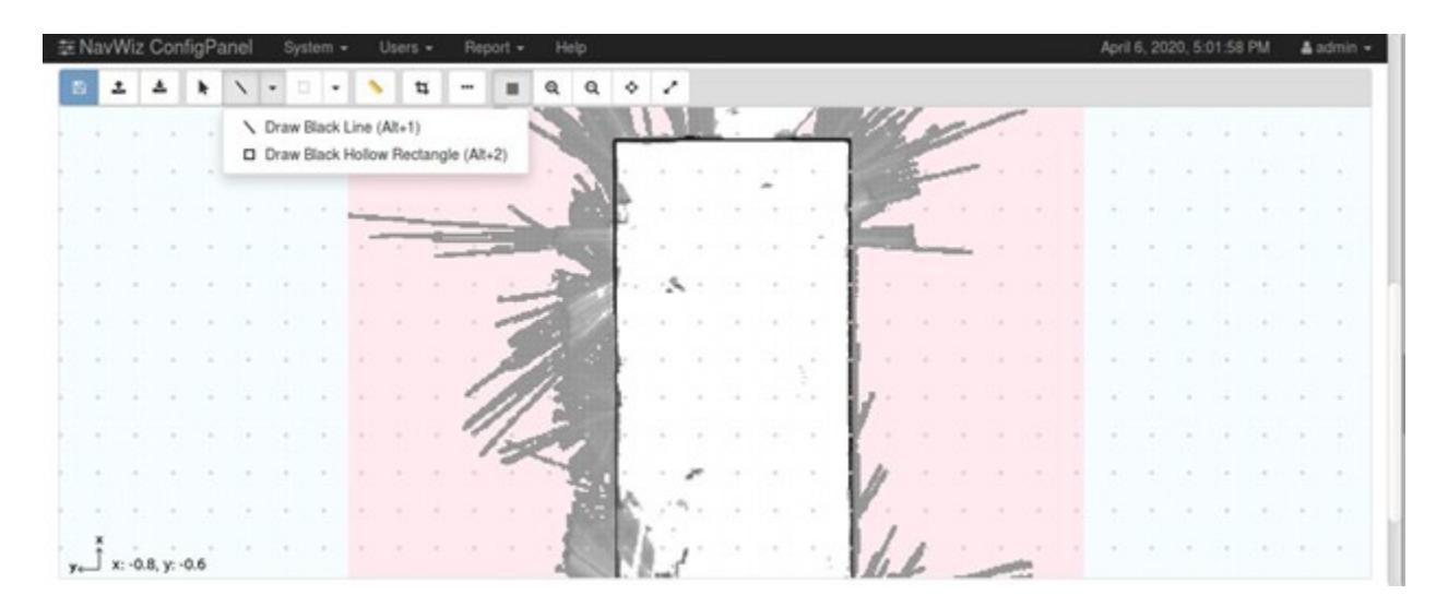NavWiz ConfigPanel editing a map with tools to draw black lines and rectangles — Map editing tools for drawing obstacles and defining navigation paths on a raw map.