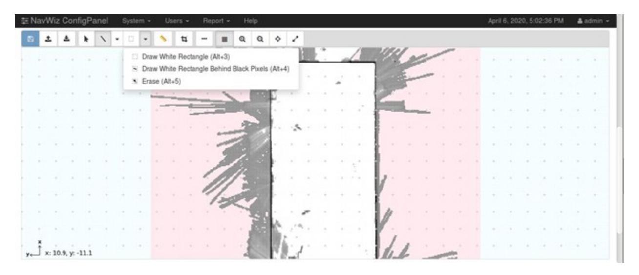 NavWiz ConfigPanel editing a map with tools to draw white rectangles and erase areas — Advanced map editing tools for refining map layouts by adding white areas or erasing sections.