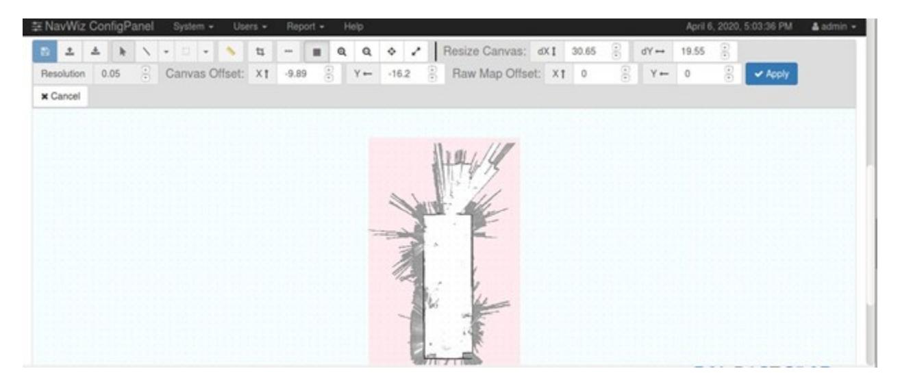 NavWiz ConfigPanel adjusting canvas size and offset settings for a map — Canvas adjustment interface for resizing and positioning the map canvas for precise editing.