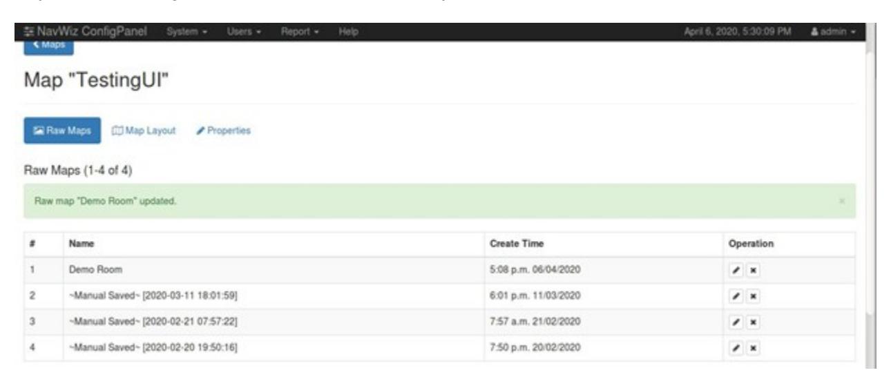 NavWiz ConfigPanel showing updated raw map named 'Demo Room' with creation times — Confirmation of a map update, showing the new name and version history of the map.