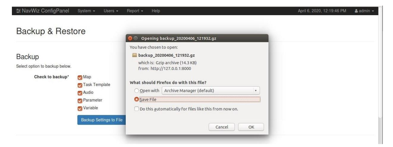 Firefox dialog asking how to handle a gzipped backup file — File download dialog for a compressed backup file from the AGV system. Firefox dialog asking how to handle a gzipped backup file — File download dialog for a compressed backup file from the AGV system.