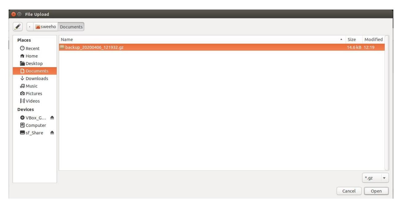 File upload dialog showing a gzipped backup file selected — File selection window for uploading a backup file to restore AGV settings. File upload dialog showing a gzipped backup file selected — File selection window for uploading a backup file to restore AGV settings.