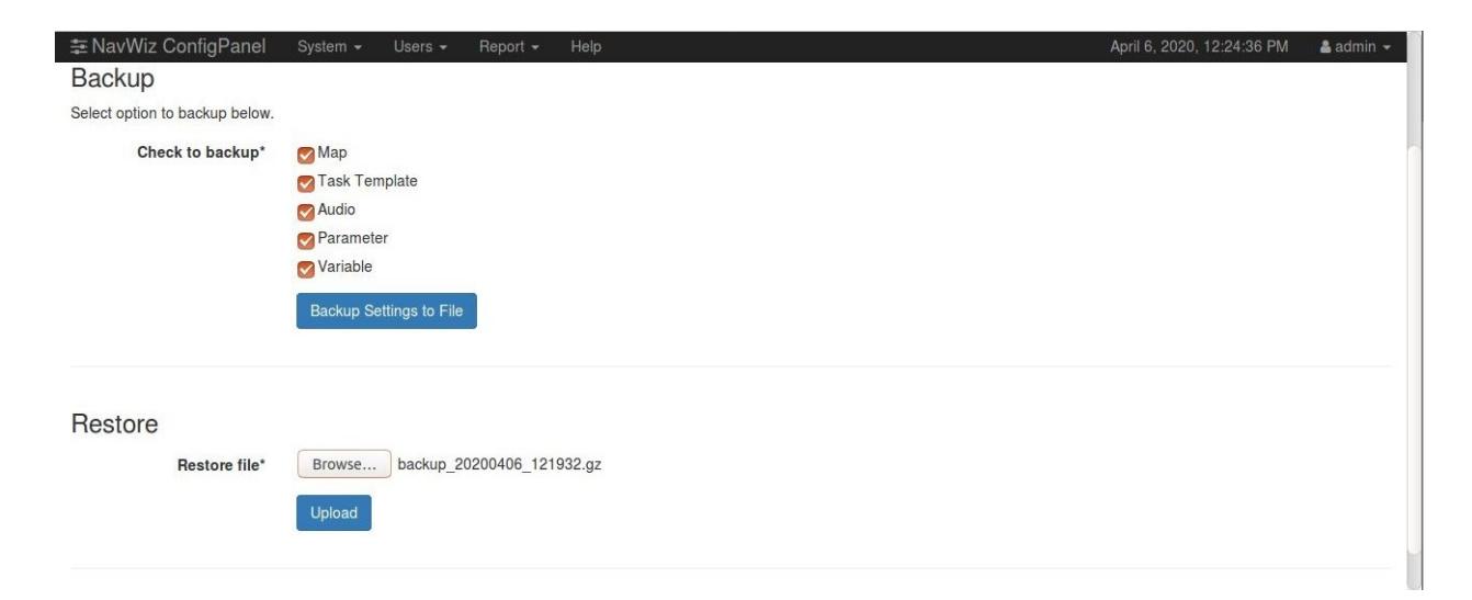 Backup & Restore screen with a selected backup file ready for upload — Restore process initiated with a previously saved backup file selected. Backup & Restore screen with a selected backup file ready for upload — Restore process initiated with a previously saved backup file selected.