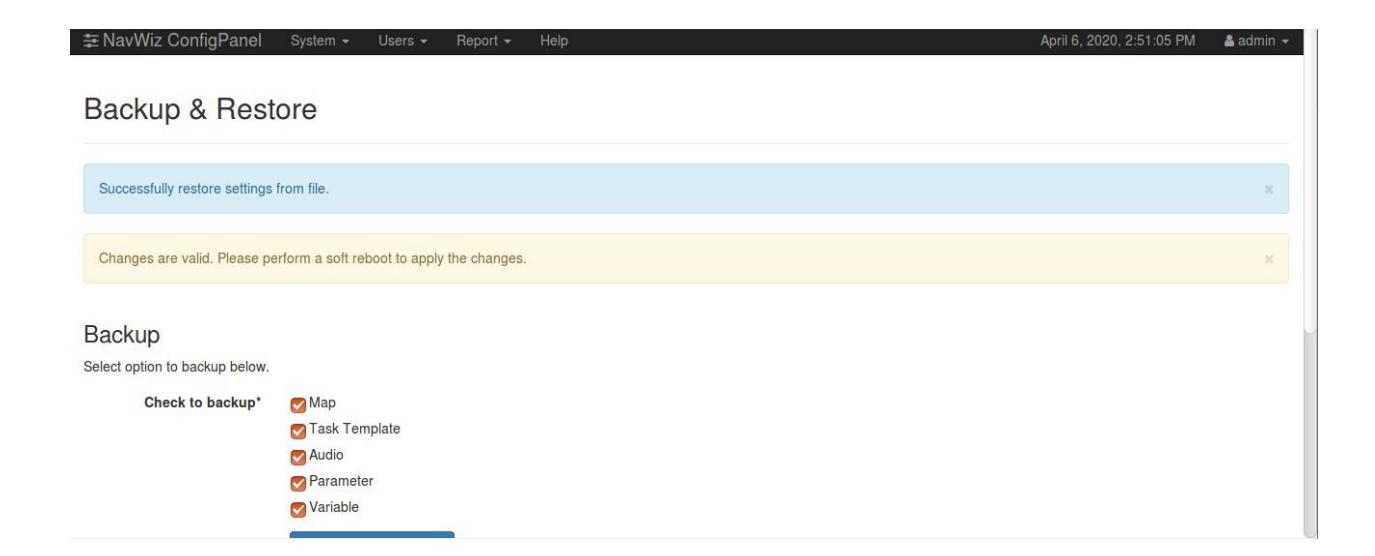 Success message after restoring settings from a backup file — Confirmation that AGV system settings have been successfully restored. Success message after restoring settings from a backup file — Confirmation that AGV system settings have been successfully restored.