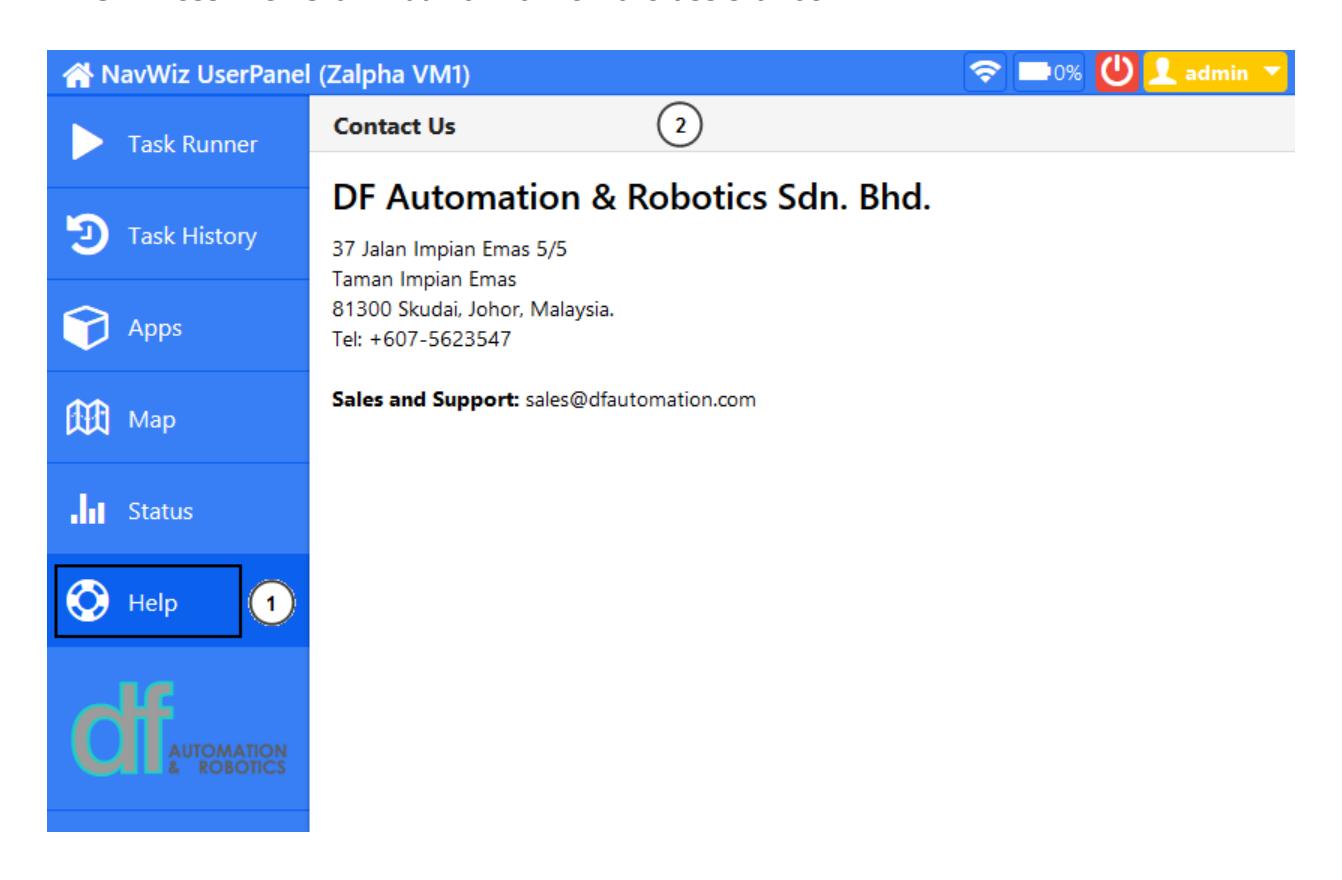 NavWiz UserPanel showing Help section with contact information for DF Automation & Robotics — The Help section displays company contact details and remote assistance options for users.