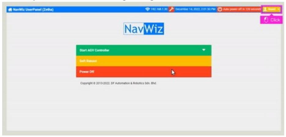 NavWiz UserPanel interface with Start AGV Controller, Soft Reset, and Power Off buttons. — This image displays the main control panel for starting, resetting, or powering off an AGV controller.