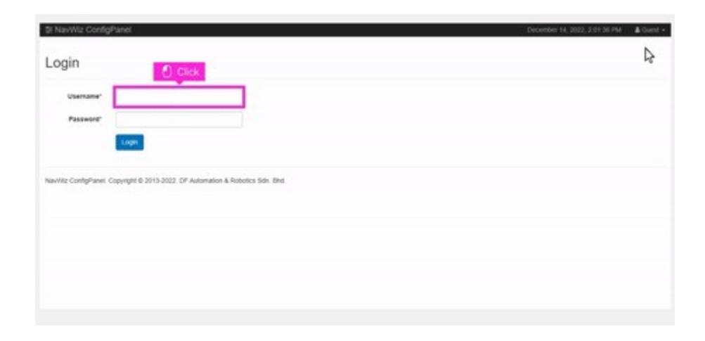 NavWiz ConfigPanel login screen with username and password fields. — This image shows the login interface for accessing configuration settings of the NavWiz system.